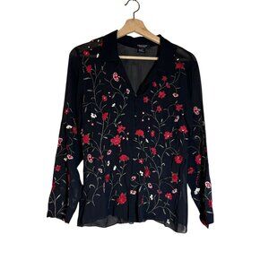 Karen Kane Black 100% Rayon Floral Embroidered Button Down Long Sleeve Blouse